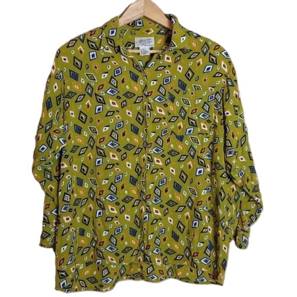 Vintage Brass Plum Nordstrom Geometric Button Shirt Long Sleeve Rayon 80's‎
